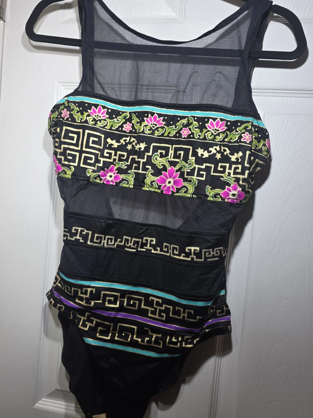Catalina Vintage One Piece Swimsuit Black Mesh Floral Size 12 Made in USA